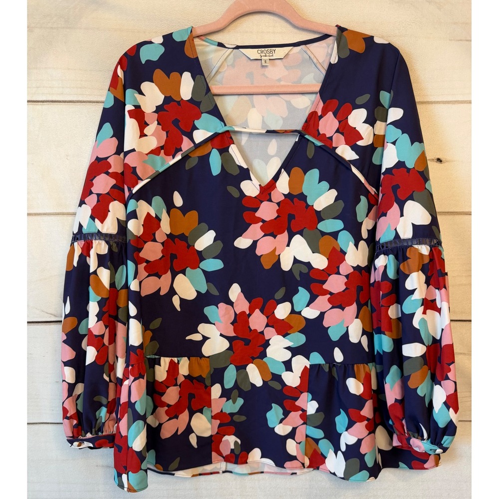 Crosby by Mollie Burch Navy Floral Peplum Blouse Balloon Sleeve V-Neck Small